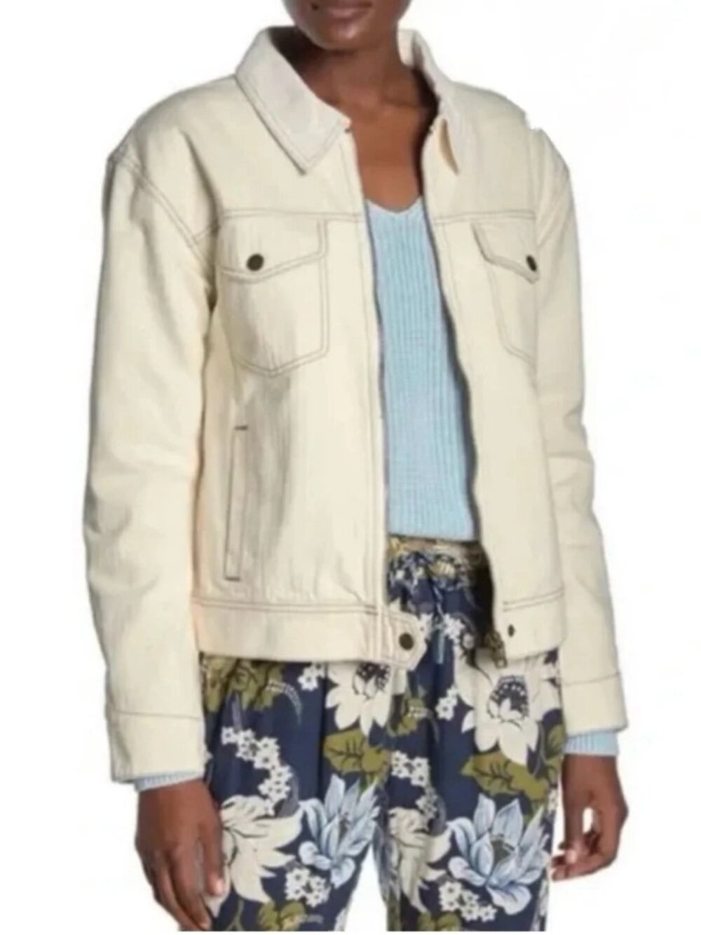 Faherty Rosie Denim Jean Jacket Cream Floral Lined Corduroy Collar Size L.